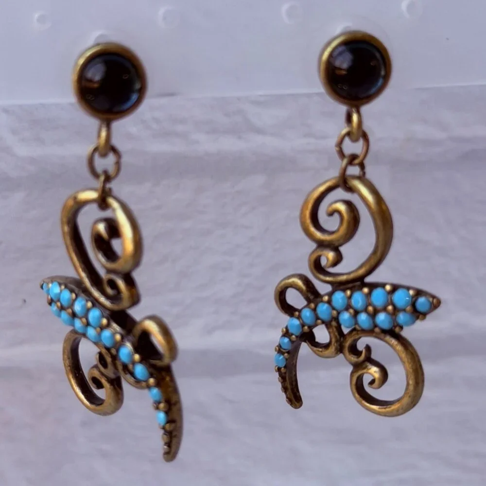 Vintage Y2K Chico’s Turquoise Brass Scroll Drop Earrings with Blue Stone Accents - Picture 7 of 7